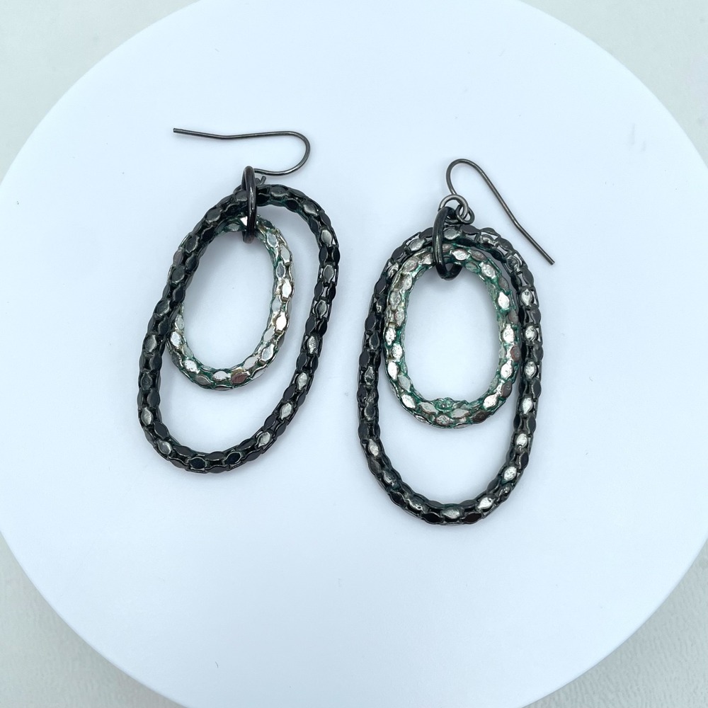 Vintage Y2K Gunmetal Mesh Double Oval Hoop Dangle Earrings Women's Jewelry Boho